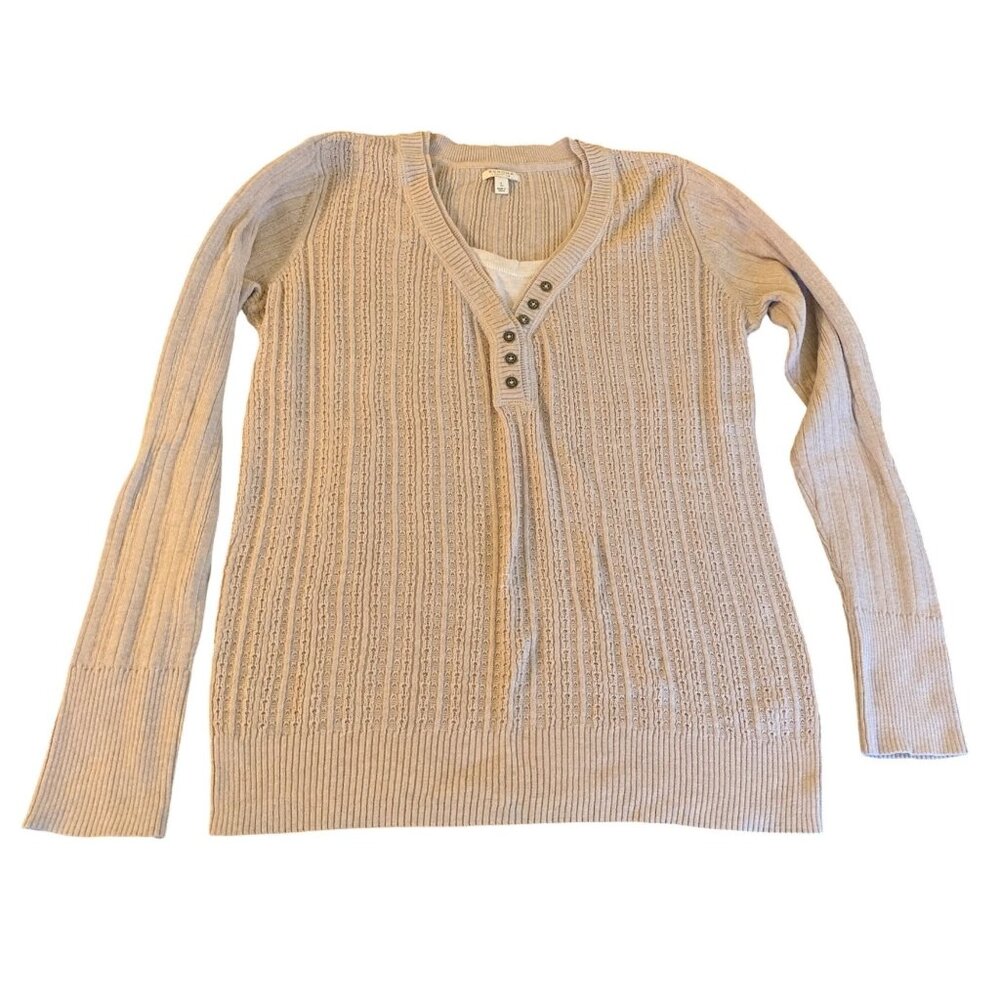 Sonoma Womens Beige V-Neck Button Front Long Sleeve Knit Sweater Size Large